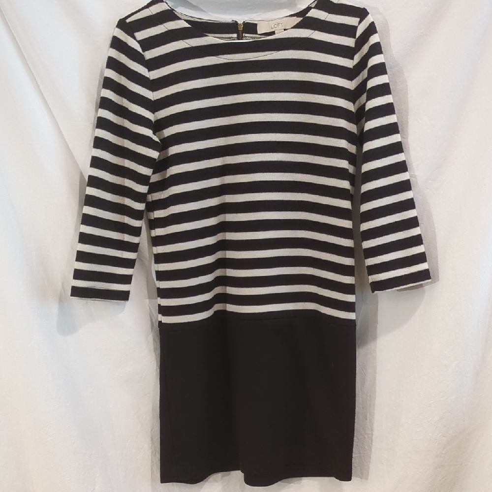 LOFT | Light Sweater Knit Dress Black Ivory 3/4 Sleeve Exposed Zipper | S